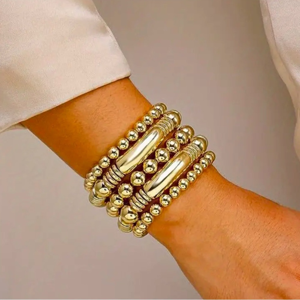 14K Gold Plated Beaded Elastic Bracelet Set